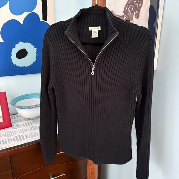 Women's St. John’s Bay 1/4-Zip Ribbed Sweater, Heavy Knit 100% Cotton Black sz L - Picture 4 of 7